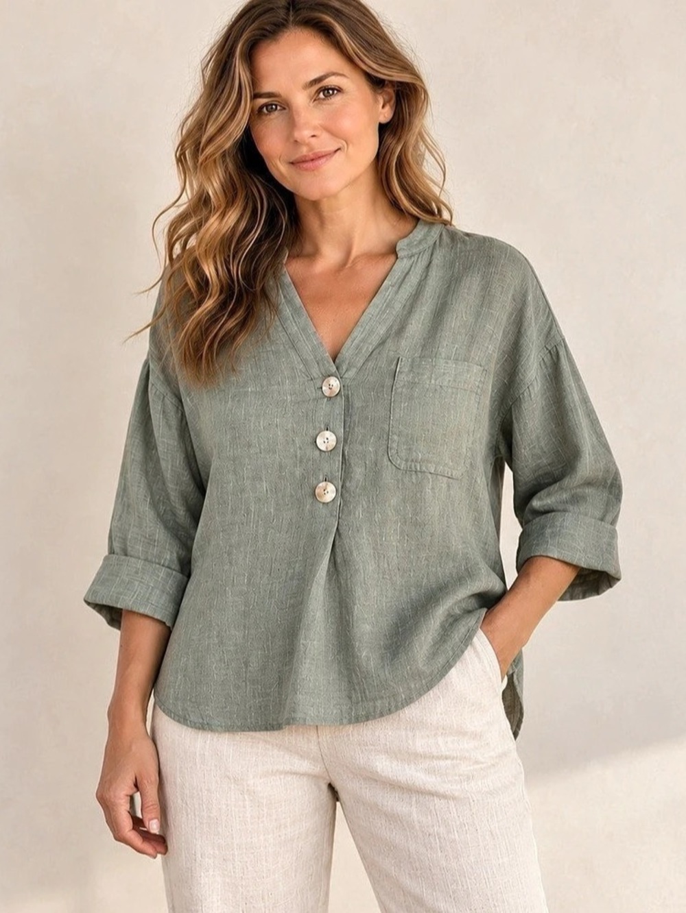 J.Jill Pure Jill 100% Linen Sage Green Button Tunic Top XS